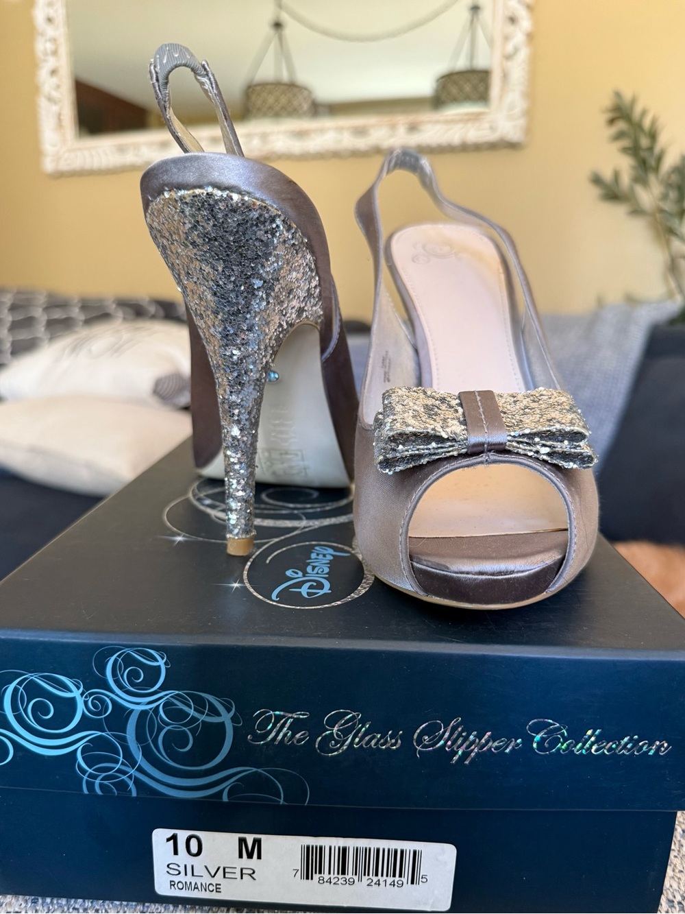 Disney Silver Sequin Bow Peep-Toe Slingback Heels with Glitter Stiletto